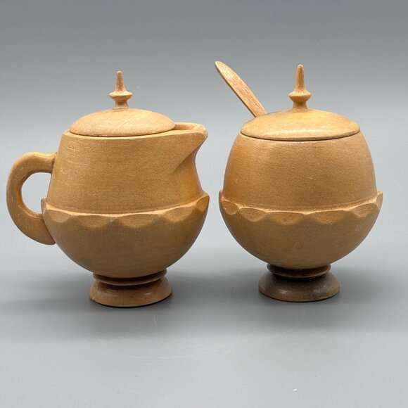 Vintage Wooden Creamer & Sugar Bowl Set with Spoon - Picture 5 of 6